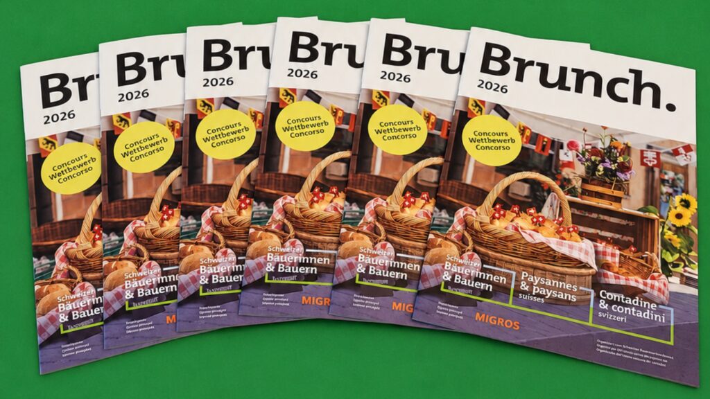 Viele Brunchmagazine auf einem Holztisch.