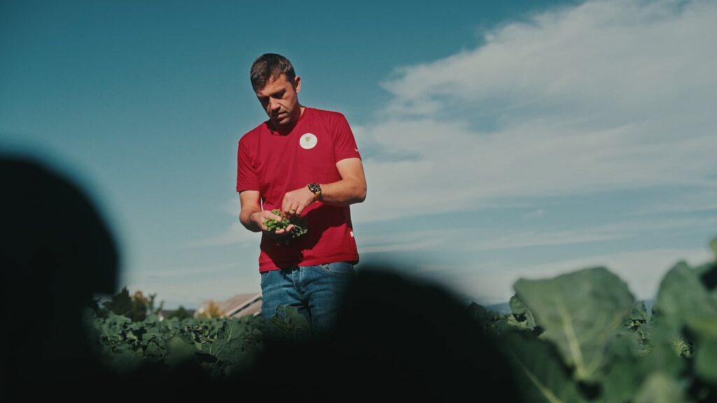 Jonas Boog auf dem Feld mit Bimi Broccoli in der Hand.